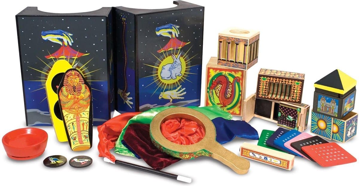 OSDUE Toverspel, 24 tovertrucs voor kinderen, kleine beginners, magische trucs kit met cape en toverhoed, cadeau voor jongens en meisjes, telepathie, roos van de zaklamp