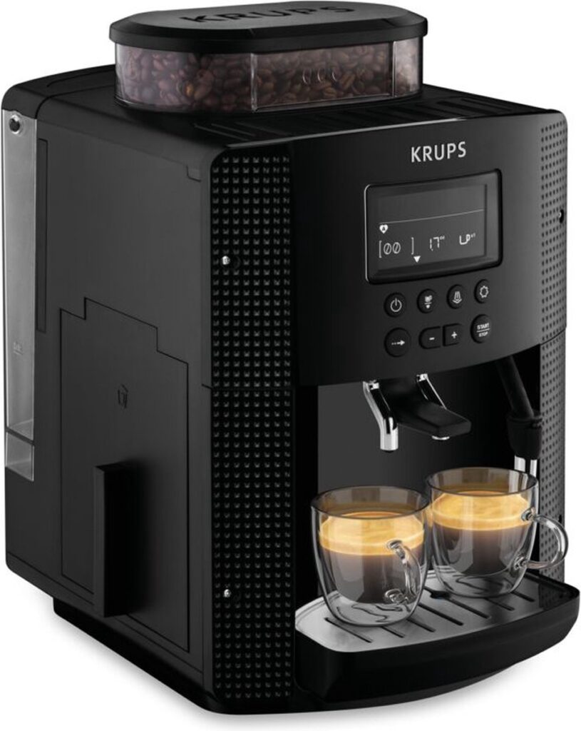Zwarte koffiemachine met twee kopjes espresso