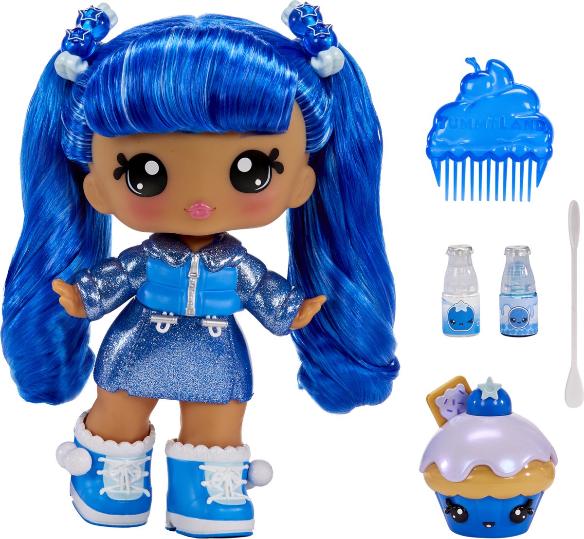 Pop met blauw haar en accessoires