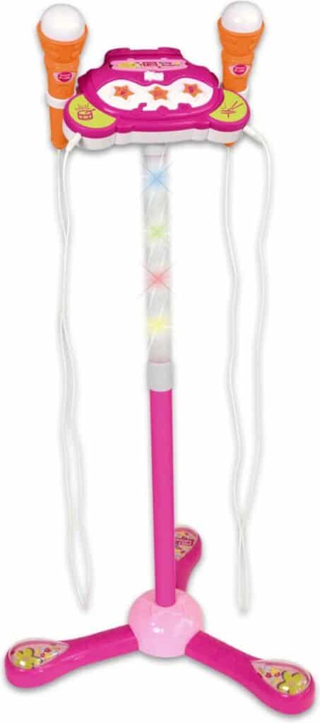Roze speelgoed microfoon standaard met lichten.