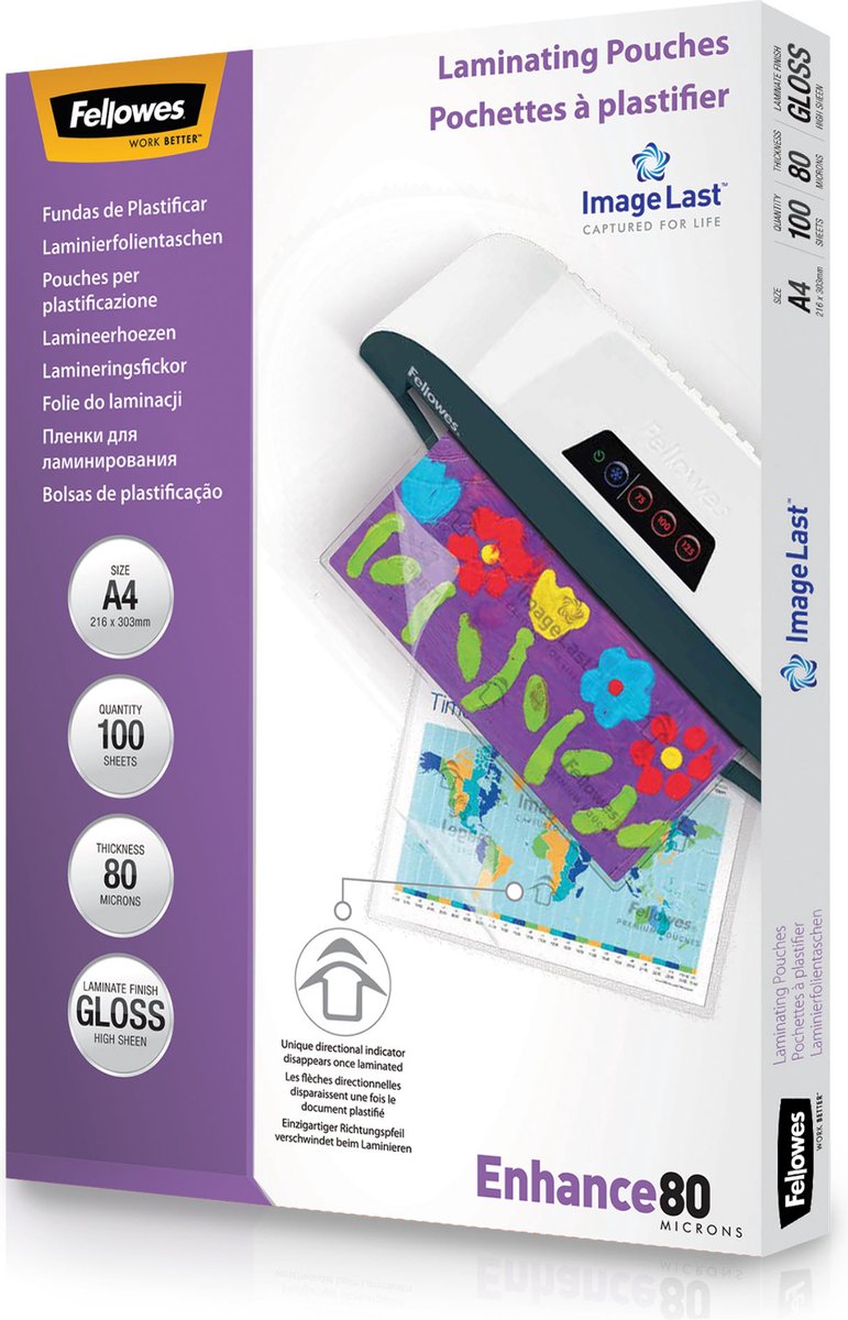 Fellowes lamineerhoezen, A4-formaat, 80 micron, glanzend.