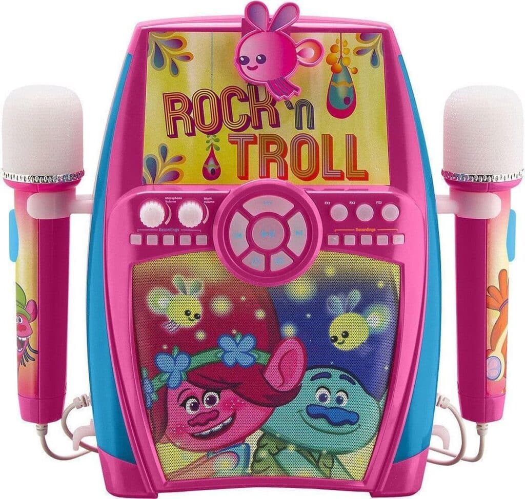 Kinderkaraoke met Trolls-thema en microfoons.