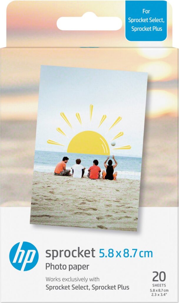 HP Sprocket fotopapier verpakking, strandfoto ontwerp.