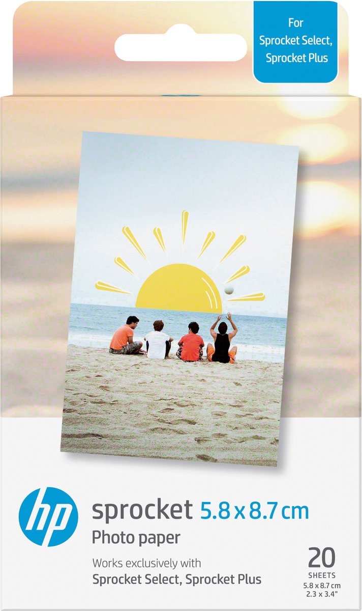 HP Sprocket fotopapier verpakking, strandfoto ontwerp.
