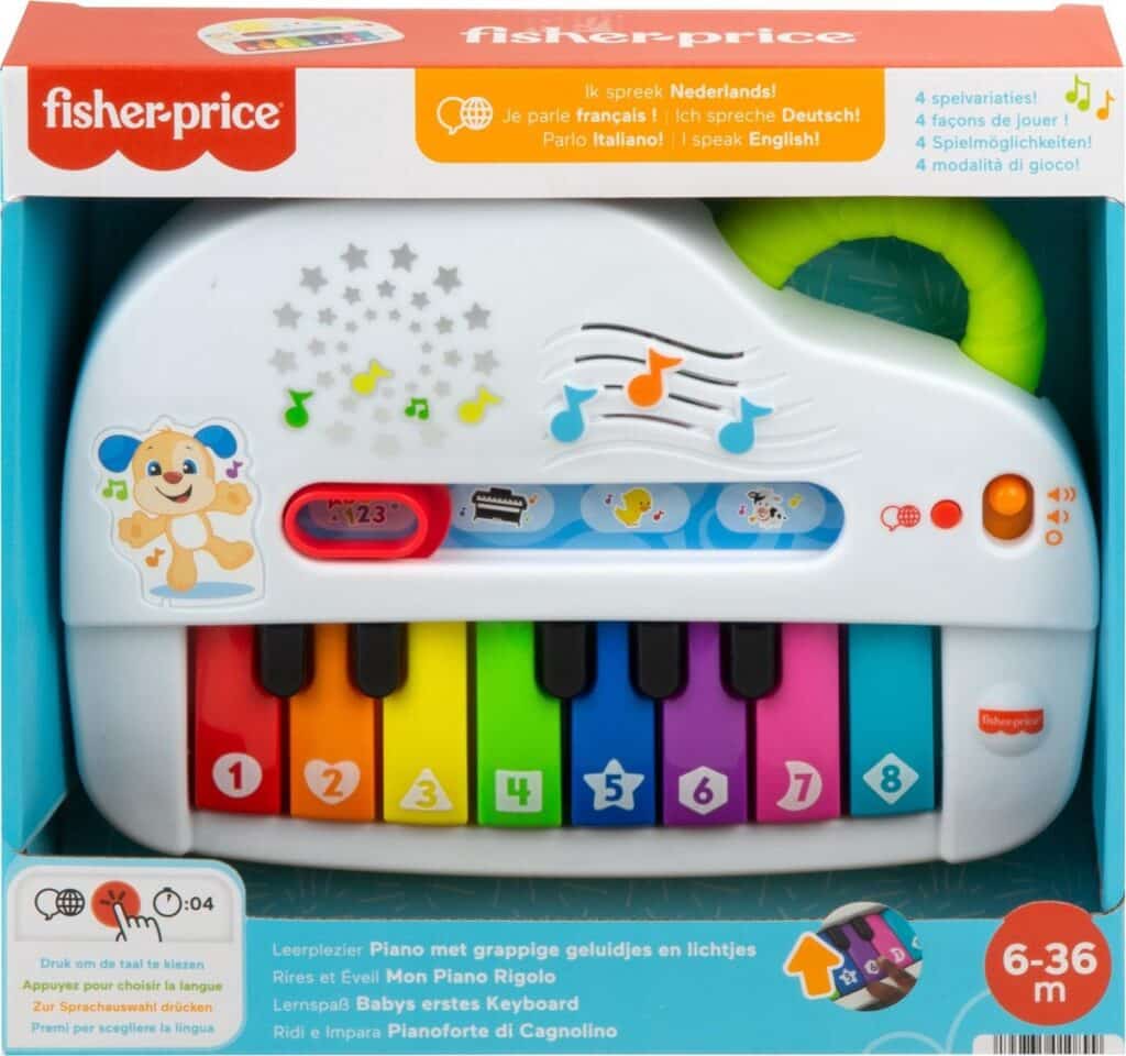 Fisher-Price speelgoedpiano met kleurrijke toetsen en lichtjes.