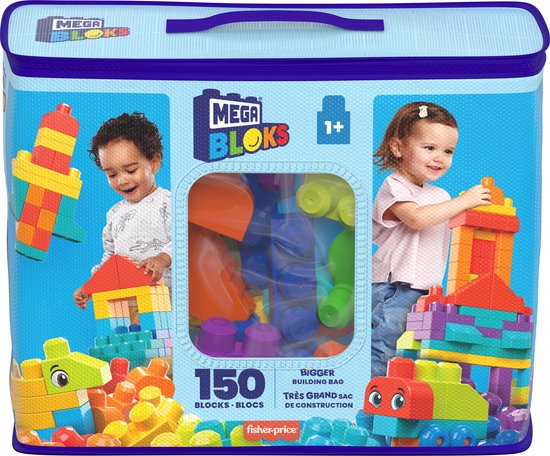 Mega Bloks speelgoedset met 150 bouwstenen, kinderen spelend.