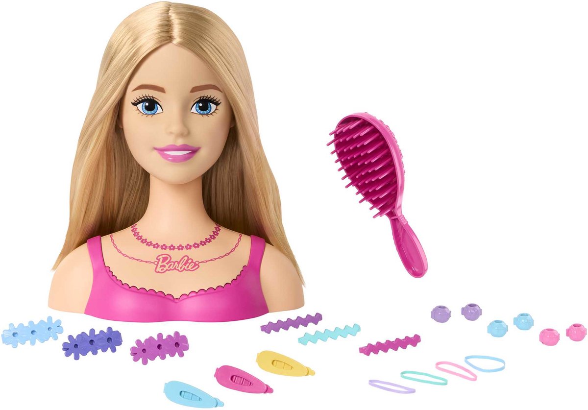 Barbie poppenhoofd met borstel en haaraccessoires