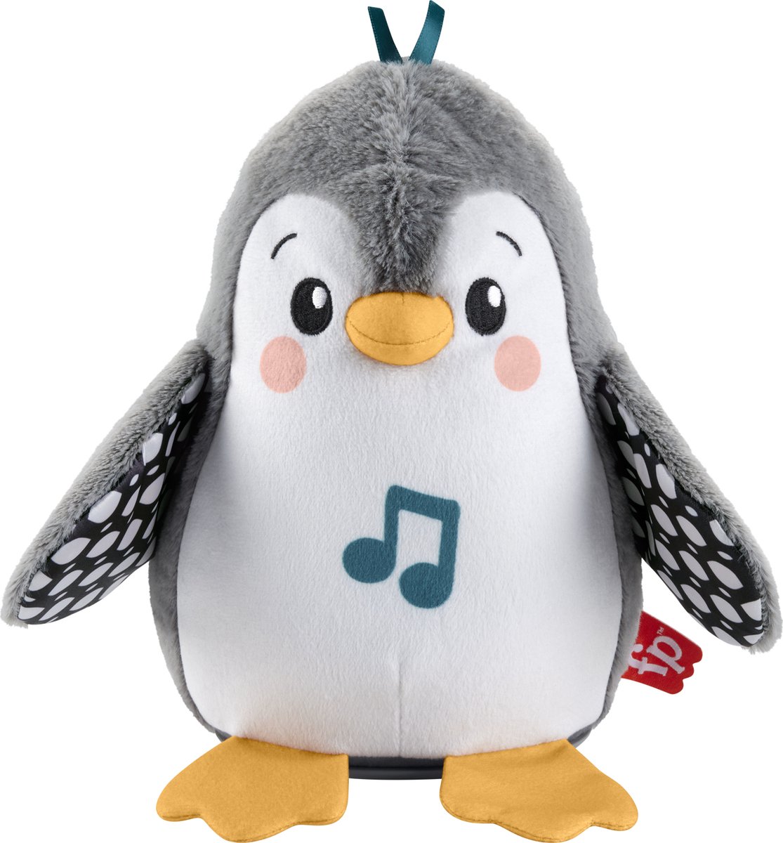 Schattige pluchen pinguïnknuffel met muzieknoot op buik.