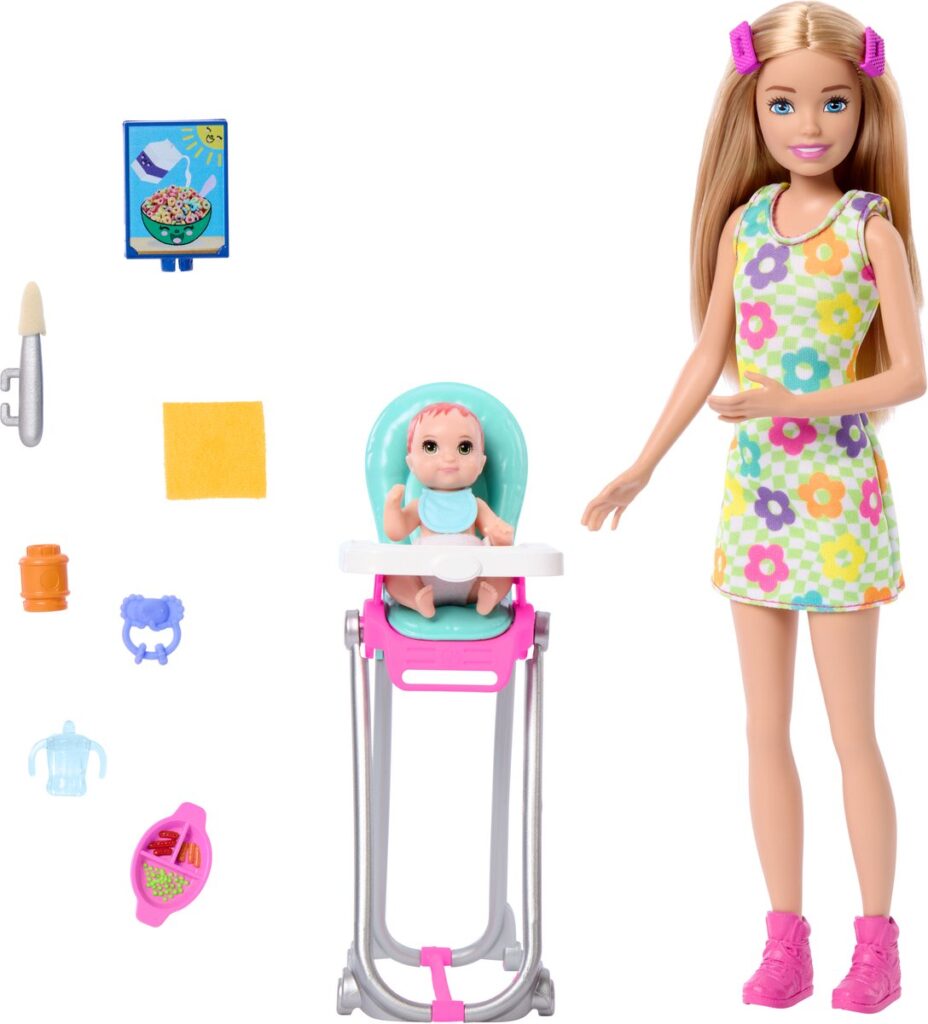 Barbie met baby in kinderstoel en accessoires