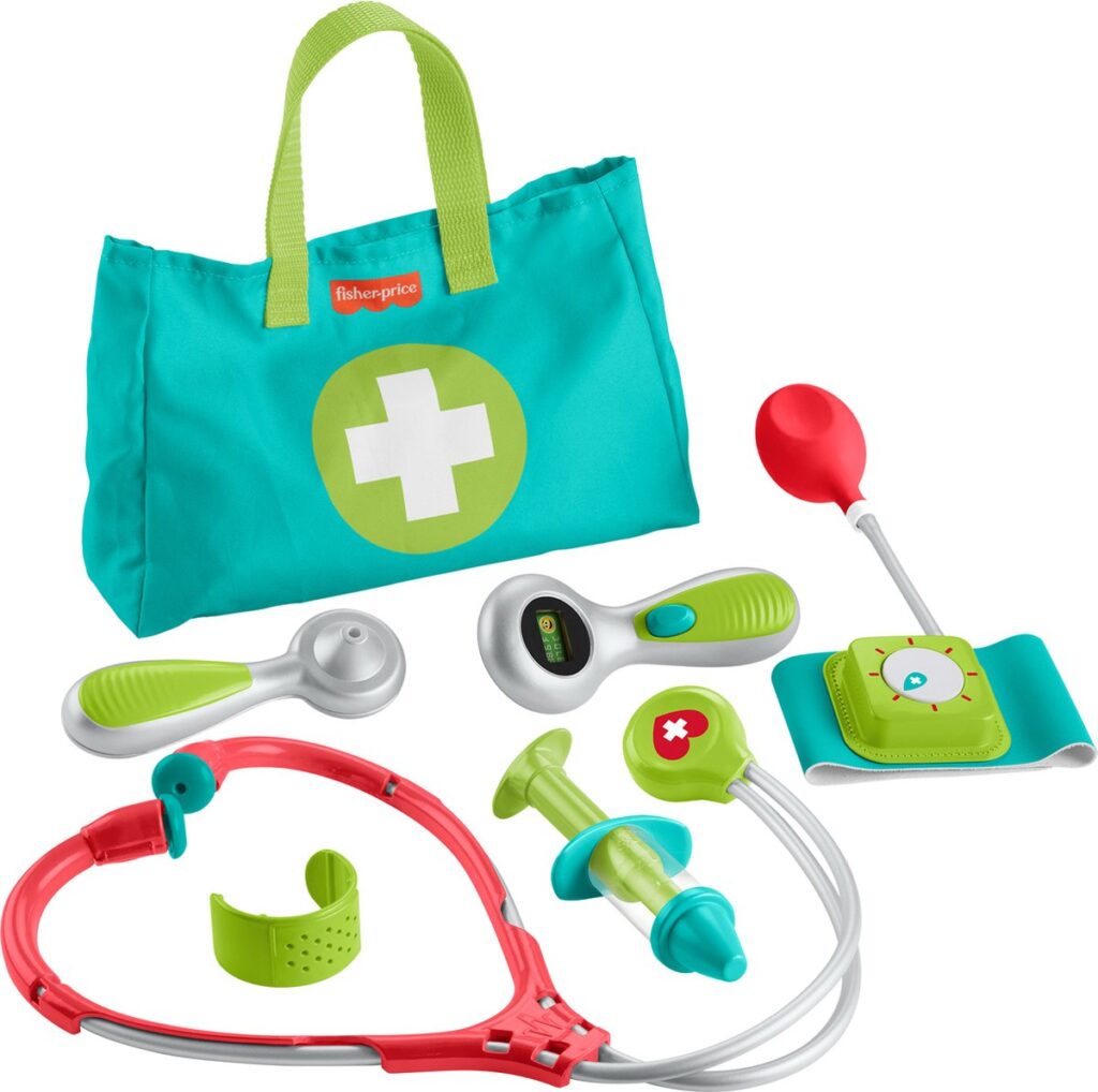 Speelgoed doktersset met accessoires en tas.