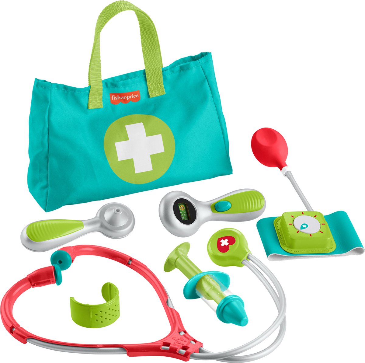 Speelgoed doktersset met accessoires en tas.
