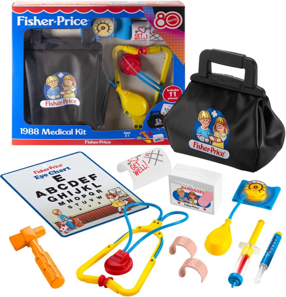 Fisher-Price medisch speelset voor kinderen, 1988 editie.