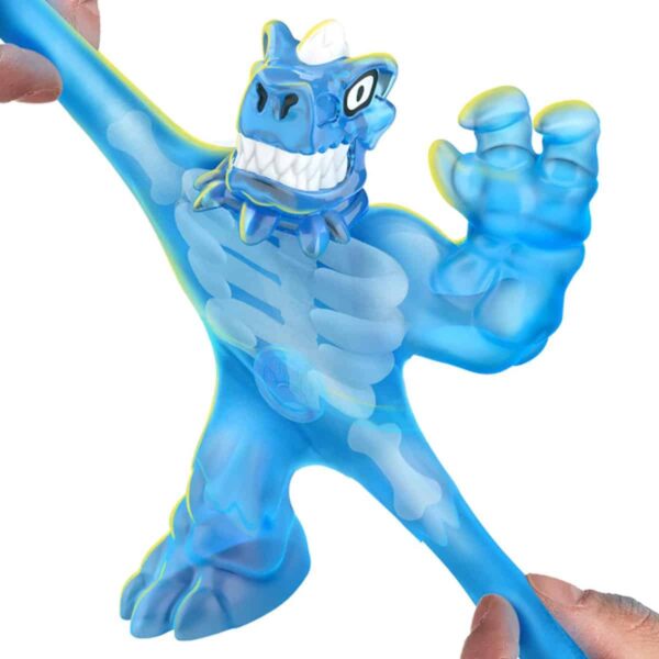 Rekbaar blauw monsterfiguur met zichtbare botten.