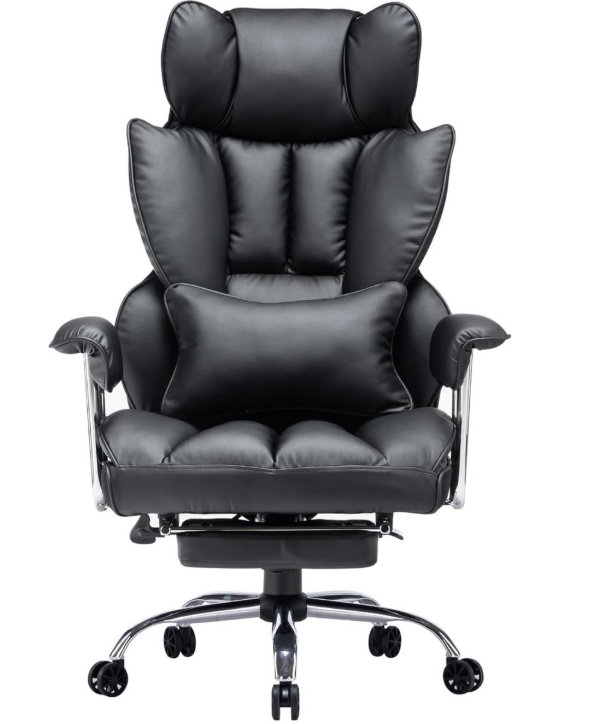 Comfortabele zwarte bureaustoel met nekkussen en wieltjes.