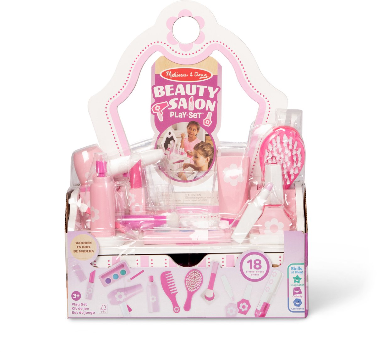 Beauty salon toy set for children, pink packaging.