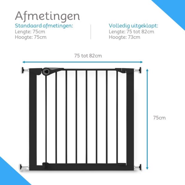 Afmetingen van veiligheidshekje: 75-82cm breed, 73-75cm hoog.