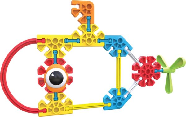 Gekleurd constructiespeelgoed met oogvorm en propeller.