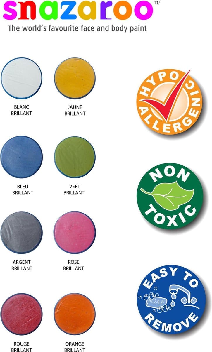 Gezicht- en lichaamsverf, hypoallergeen, niet-toxisch, makkelijk verwijderbaar.