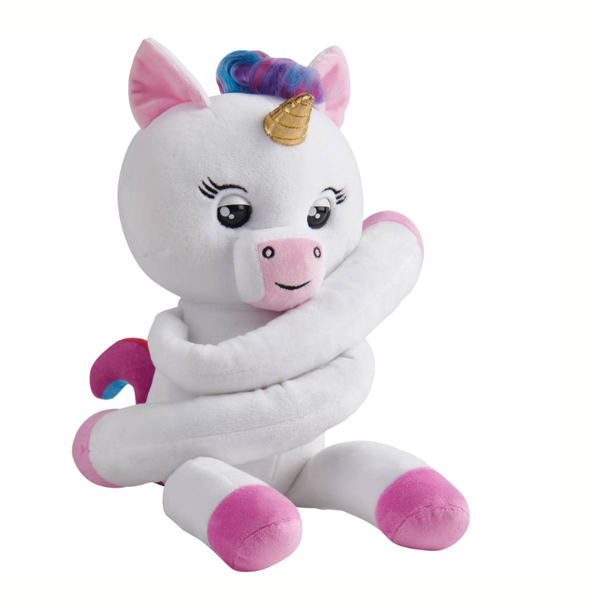 Pluchenknuffel eenhoorn met regenboogmanen en gouden hoorn.