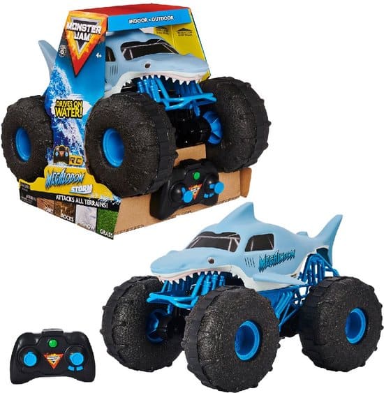 Blauwe monstertruck speelgoed met afstandsbediening, haai-design.