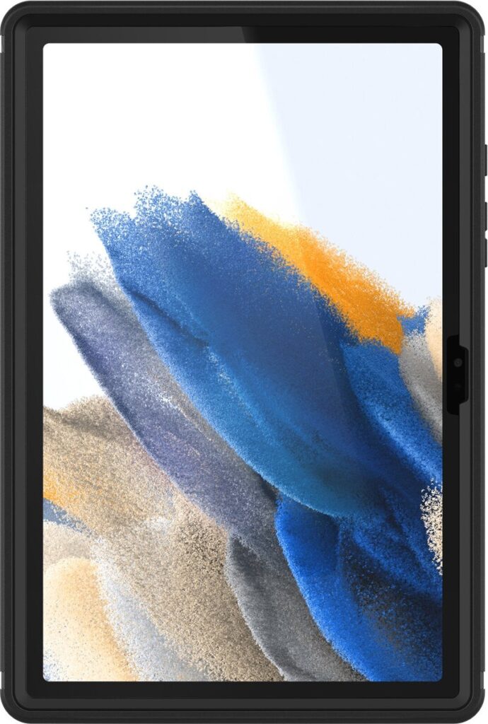 Tablet met kleurrijke abstracte achtergrond