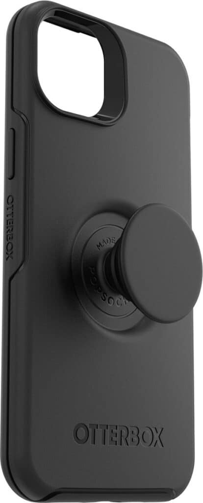 Zwarte telefoonhoes met uitsparing en grip.