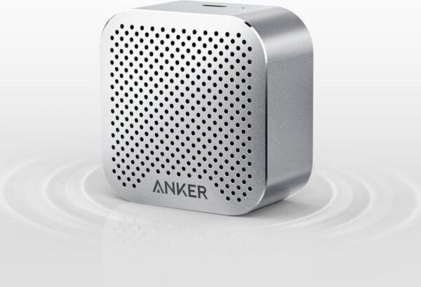 Zilveren Anker bluetooth speaker met geluidsgolven