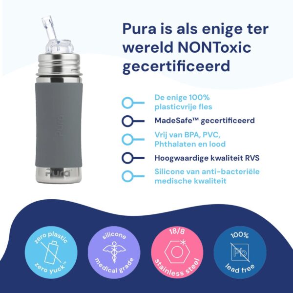 Pura niet-toxische fles, plasticvrij en kwaliteitsmaterialen.