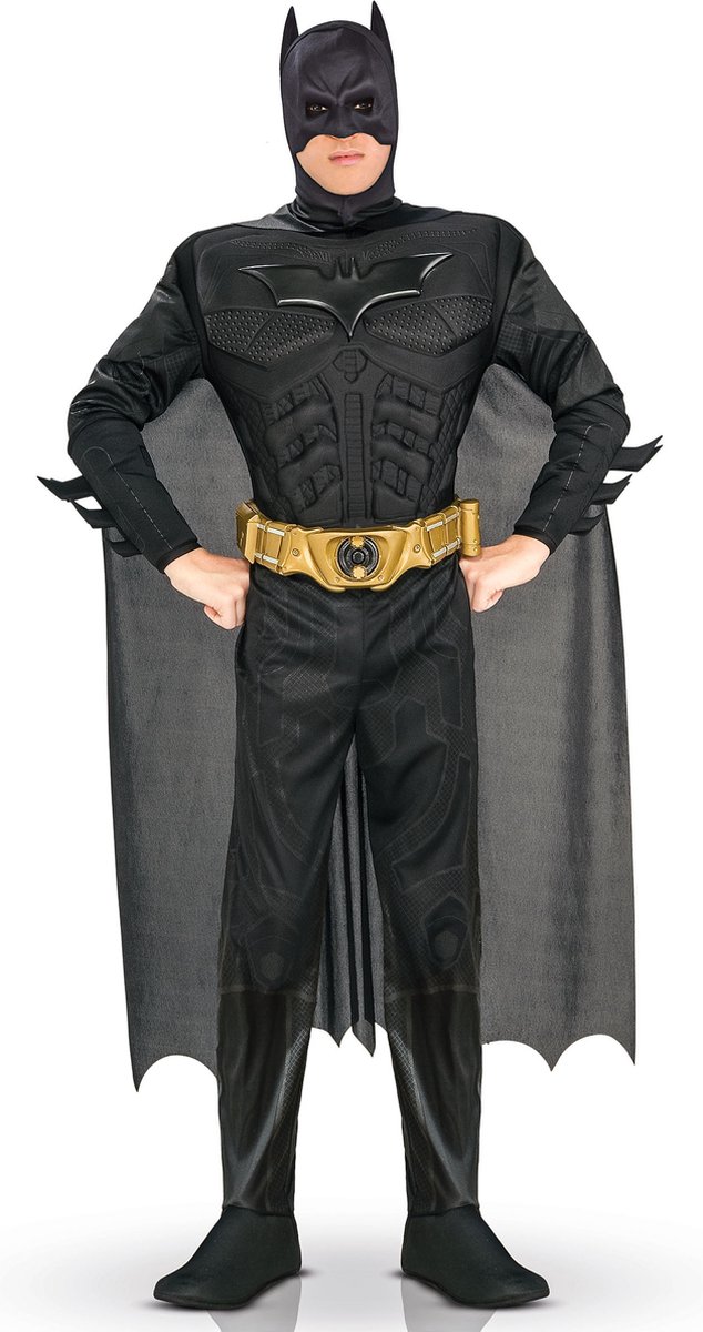 Person in black superhero costume with cape.