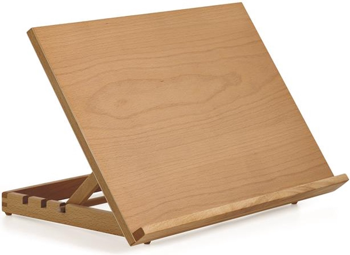 Houten verstelbare boekstandaard op tafel