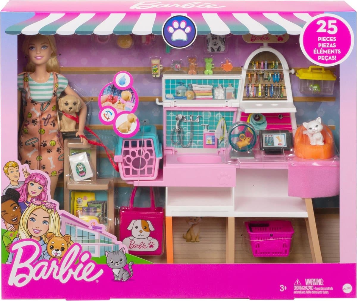 Barbie dierenarts set met 25 onderdelen en huisdier.