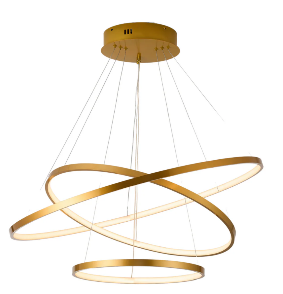 Gouden moderne hanglamp met drie ringen.