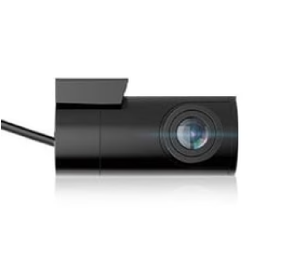 Black dashcam with a lens on a white background
