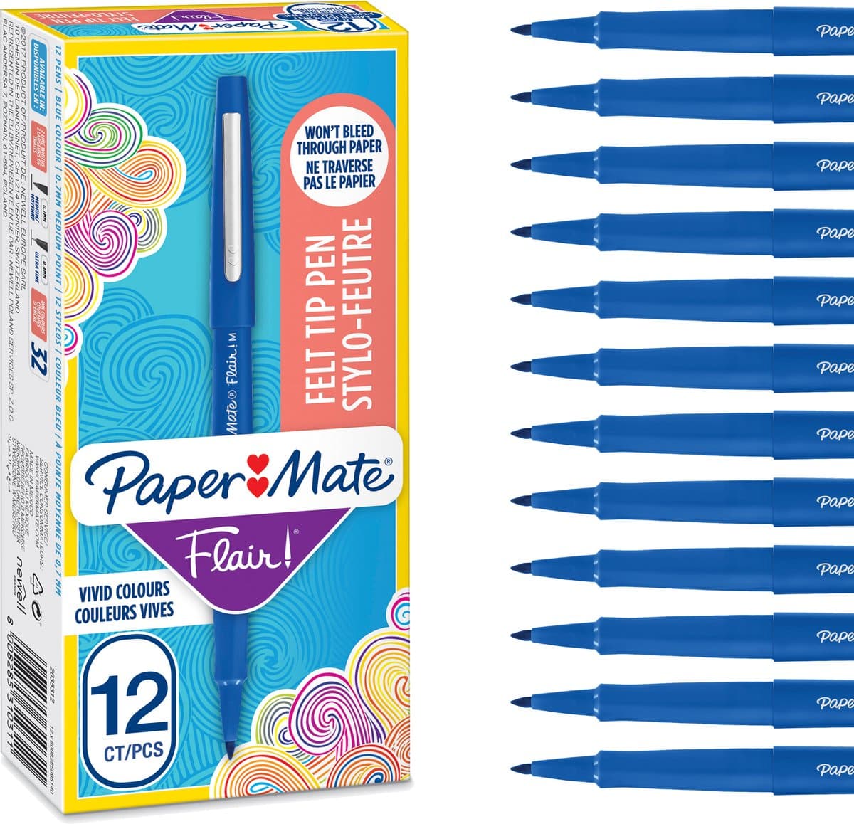 PapierMate viltstiften, blauwe doos met 12 stuks.