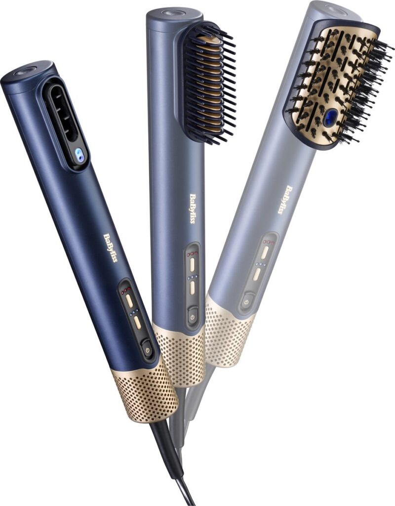 Drie blauwe veelzijdige haarstylingtools met borstels