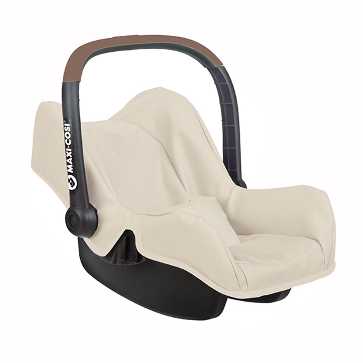 Beige autostoel voor baby's met zwarte handgreep.