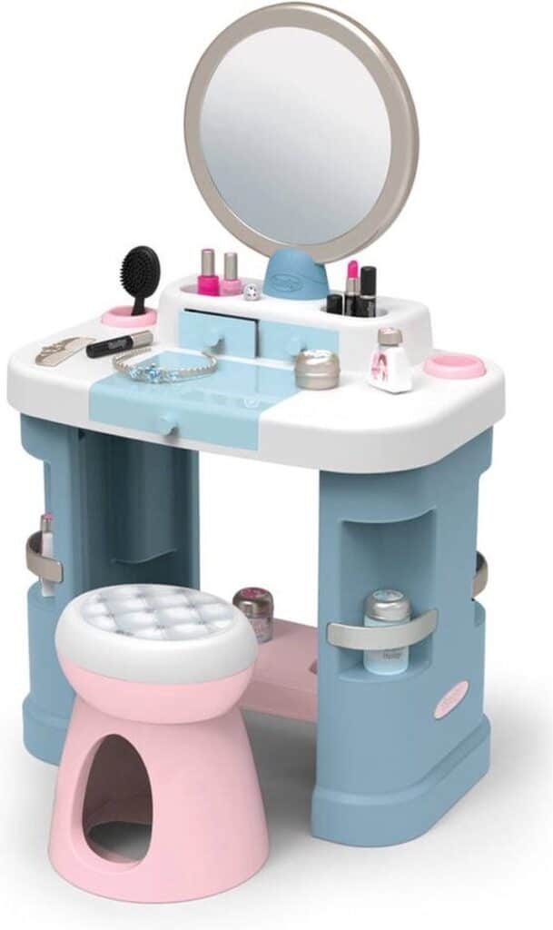 Kindermakeuptafel met spiegel en krukje, blauw wit roze.