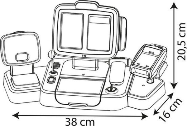 Afstandsbediening met display, technische tekening en afmetingen.