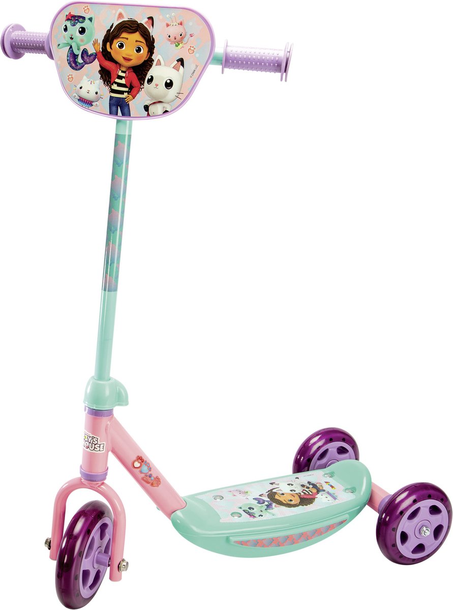 Kindertrots scooter, paarse wielen, cartoon design.