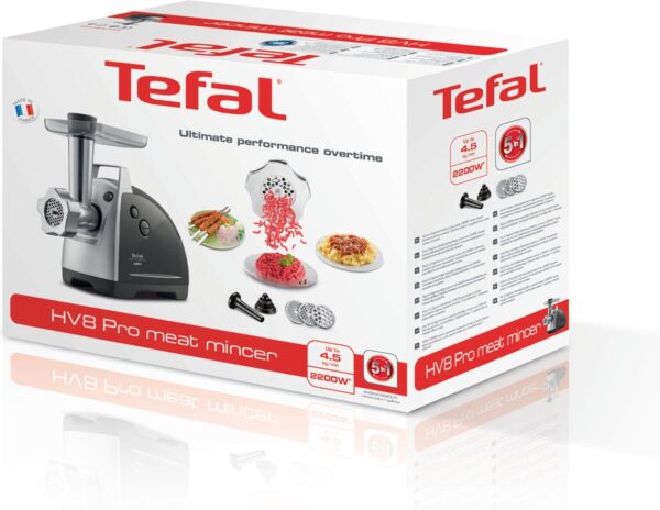 Tefal vleesmolen doos met accessoires en gerechten.