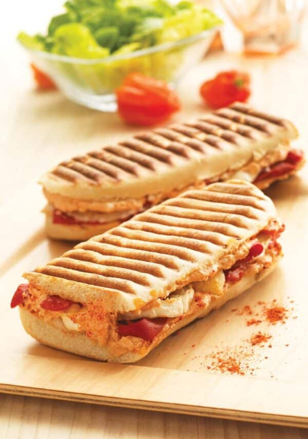 Twee gegrilde panini's met kaas en tomaat.