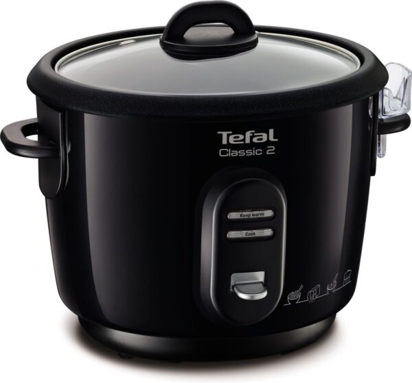 Zwarte Tefal rijstkoker met glazen deksel.