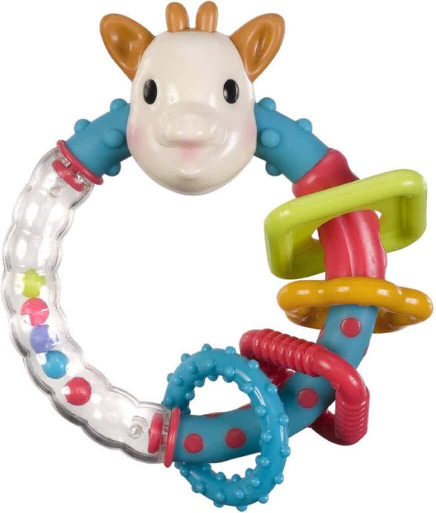 Speelse rammelaar met dierenkop en kleurrijke vormen