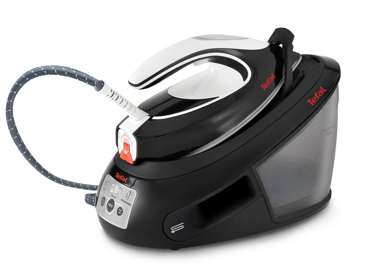 Tefal stoomstrijkijzer met waterreservoir en displayscherm.