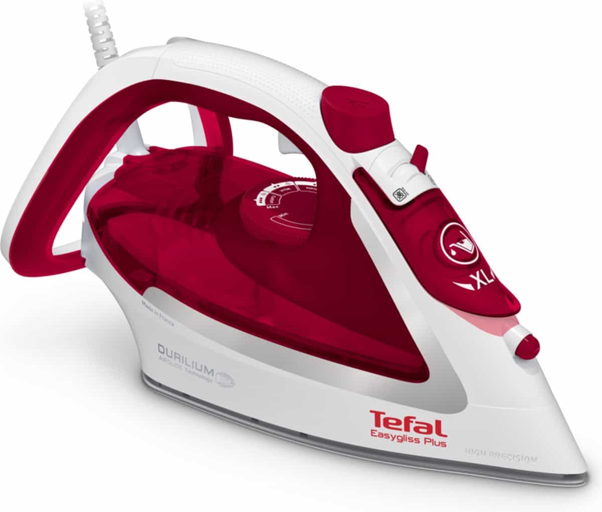 Tefal strijkijzer met rode accenten.