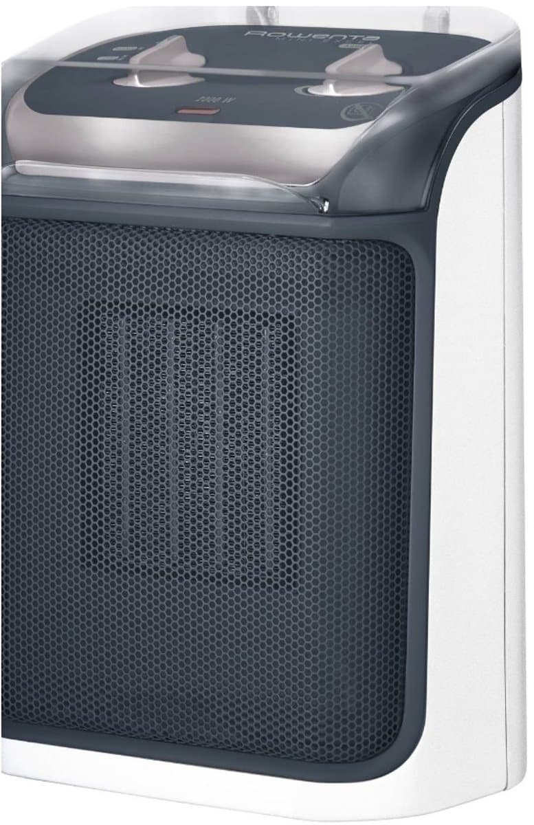 Compacte elektrische kachel met zwarte en zilveren details.