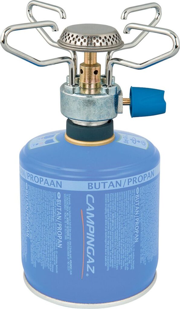 Camping gasbrander met blauwe cartridge