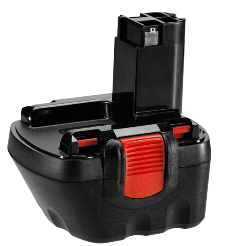 Zwarte oplaadbare batterij met rode clip.