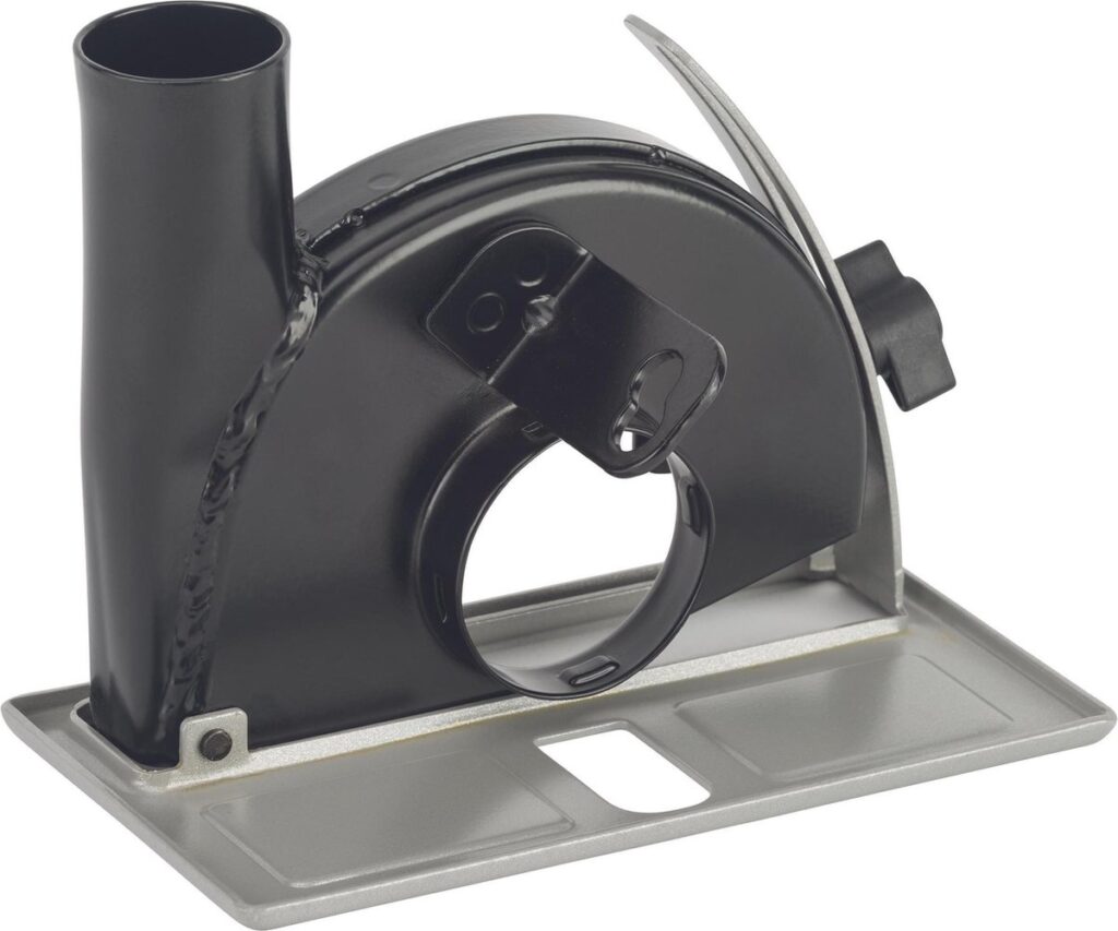 Dust extraction hood for circular saw, black metal design.