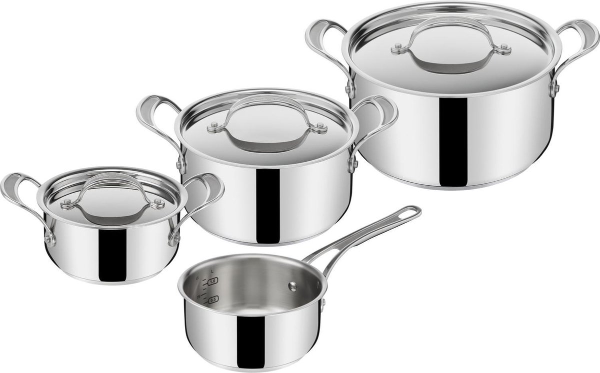 RVS pannenset met drie kookpotten en steelpan